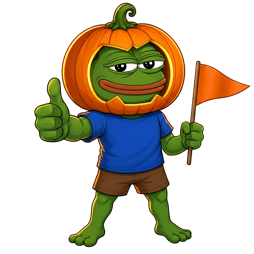 PEMPKIN mascot giving a thumbs up while holding an orange flag