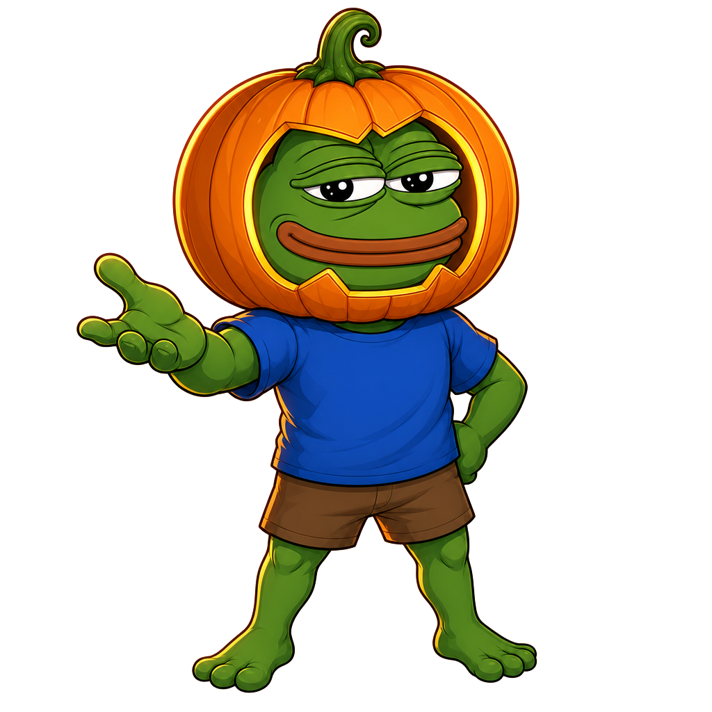 PEMPKIN mascot: a green frog inside a carved jack-o'-lantern helmet waving hello